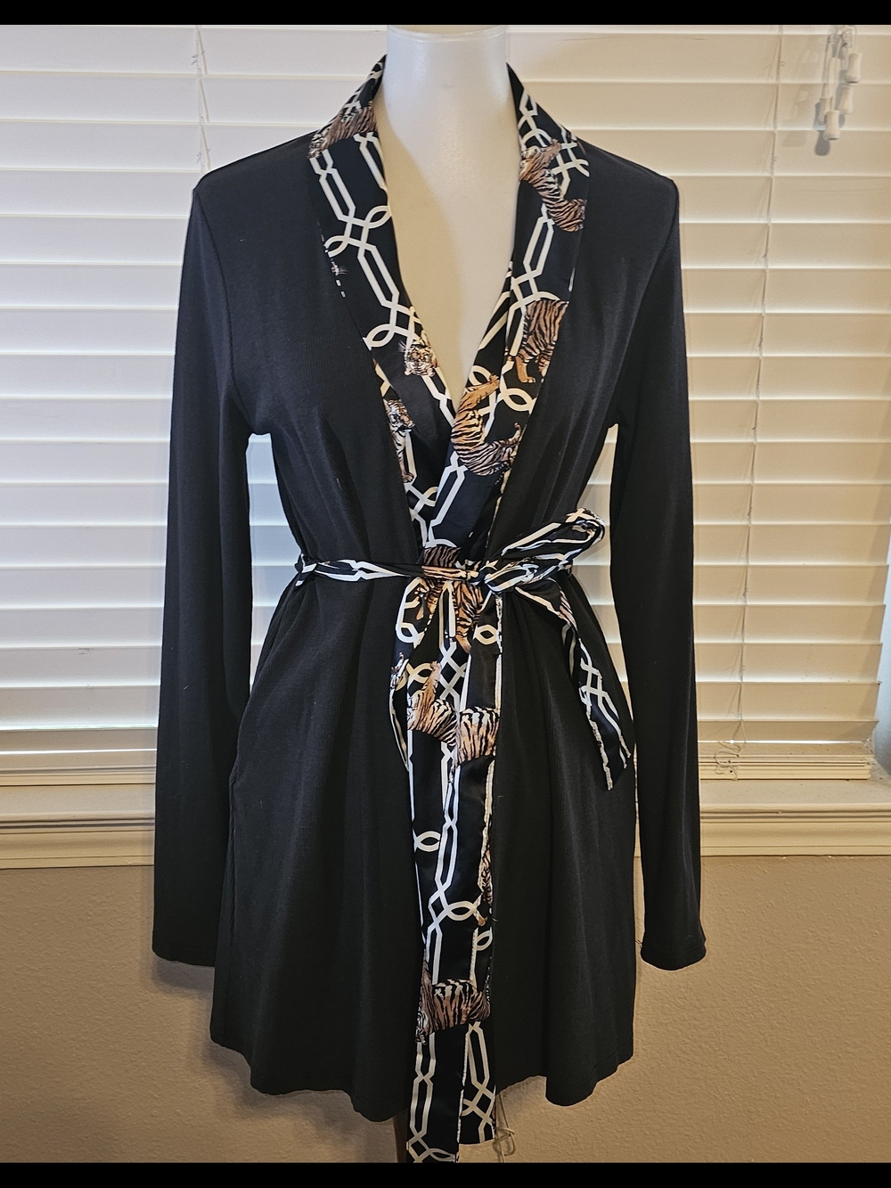 Black Women's Wrap Robe with Chain & Animal Print Trim